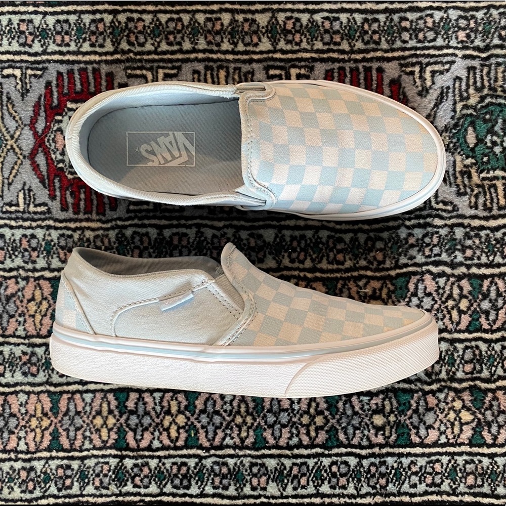 💥SOLD ON DEPOP LightBlue CheckerboardSlip-on Vans